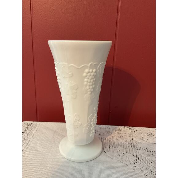 Mid Century Milk Glass Vase Embossed Grapes - Picture 1 of 9